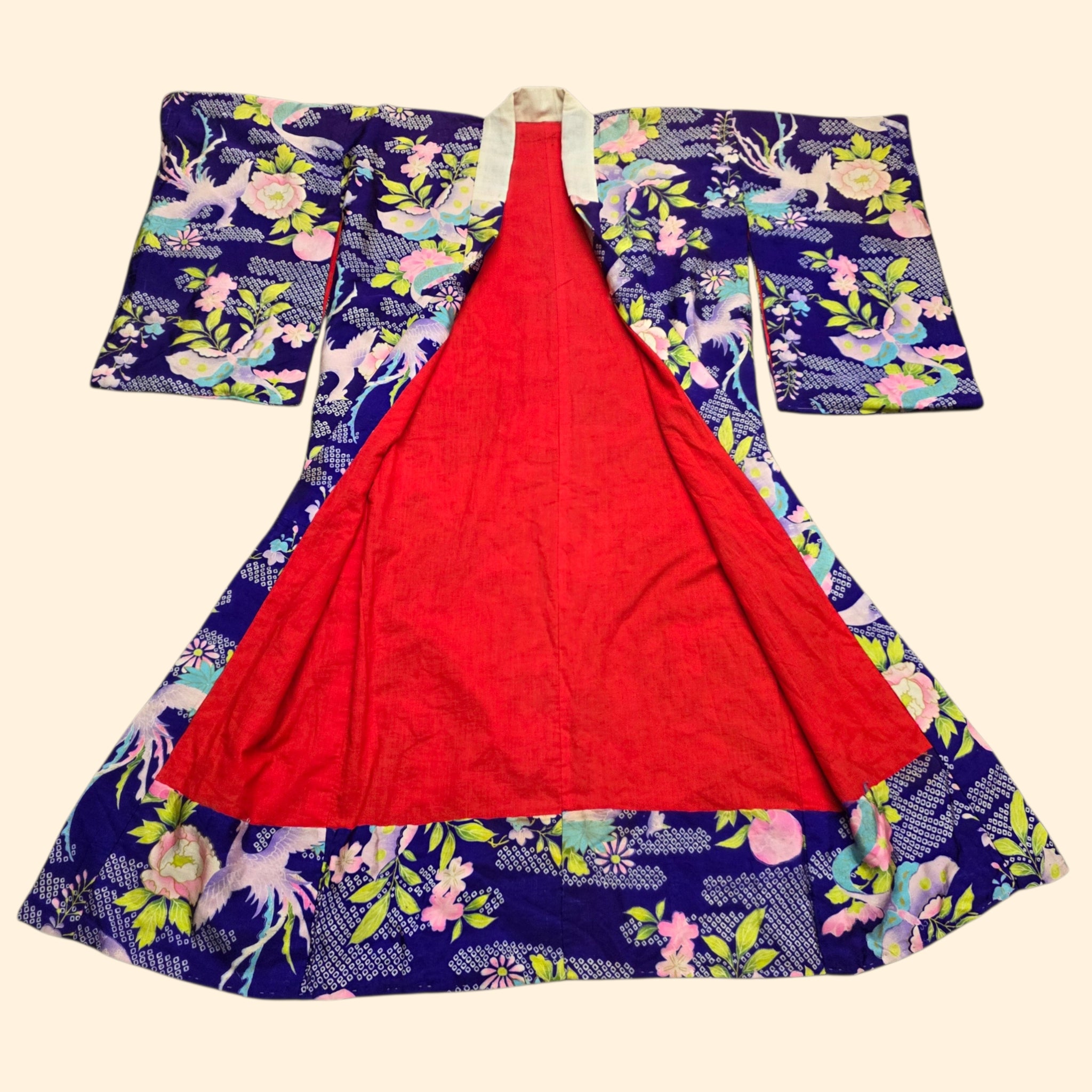 1940s Butterfly and Crane Silk Japanese Kimono ~One Size ~ Pre-War Red Lining