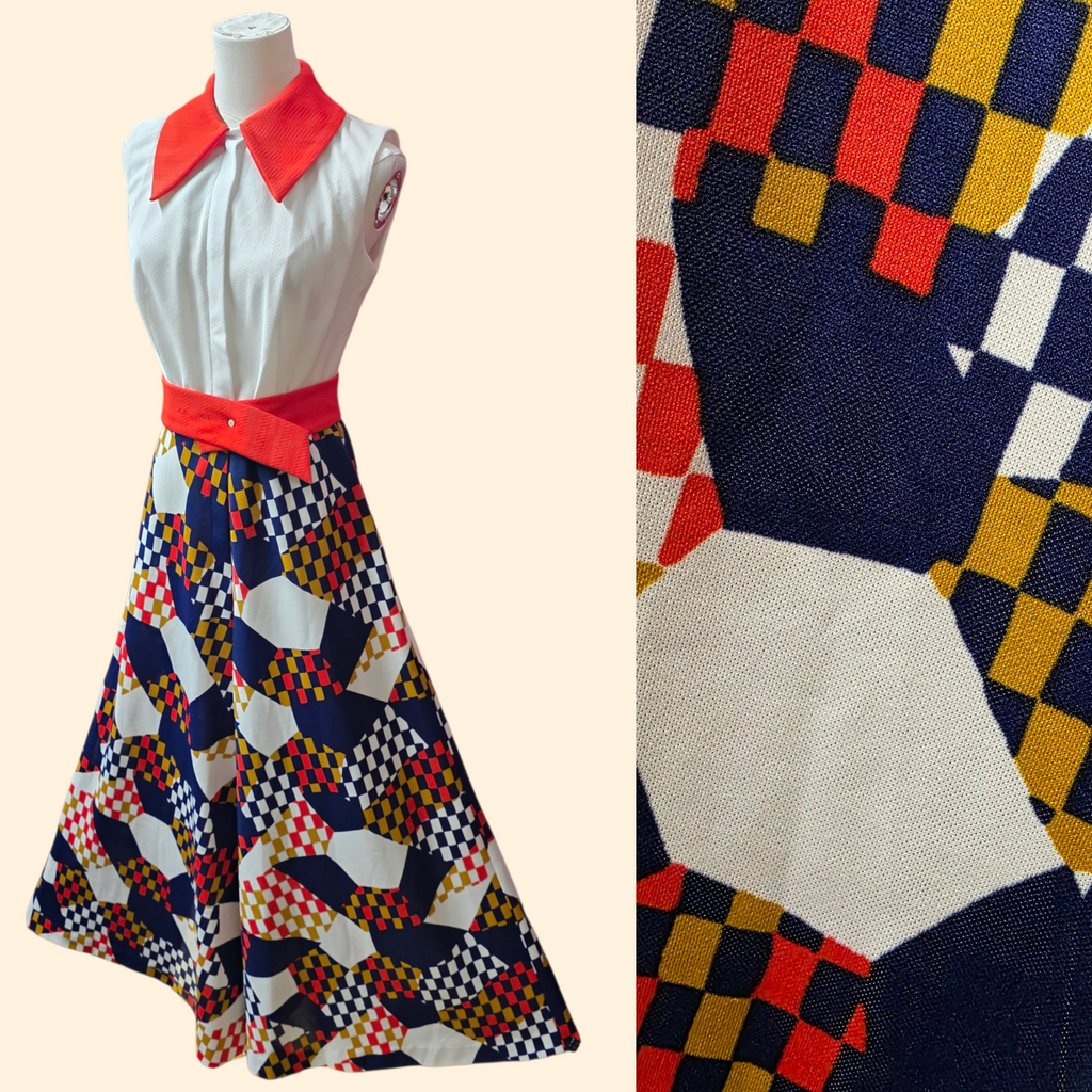 1960s Sleeveless Ultra Wide Leg Palazzo Jumpsuit ~ Small ~ Geometric Red White Blue