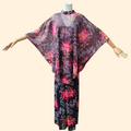 1970s Floral Sleeveless Maxi Dress and Sheer Cape ~ Large ~ Burgundy Dress Set Dayglo