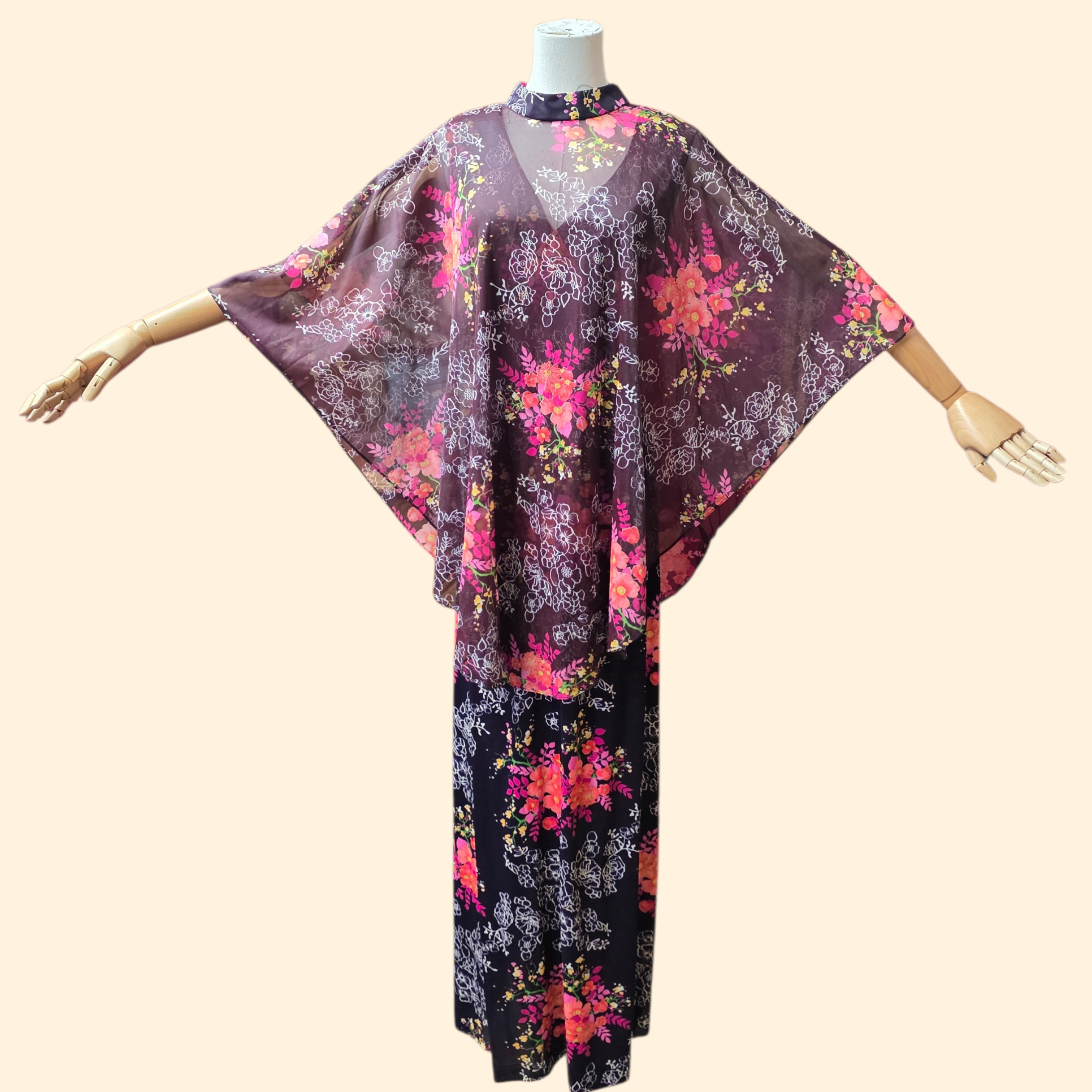 1970s Floral Sleeveless Maxi Dress and Sheer Cape ~ Large ~ Burgundy Dress Set Dayglo