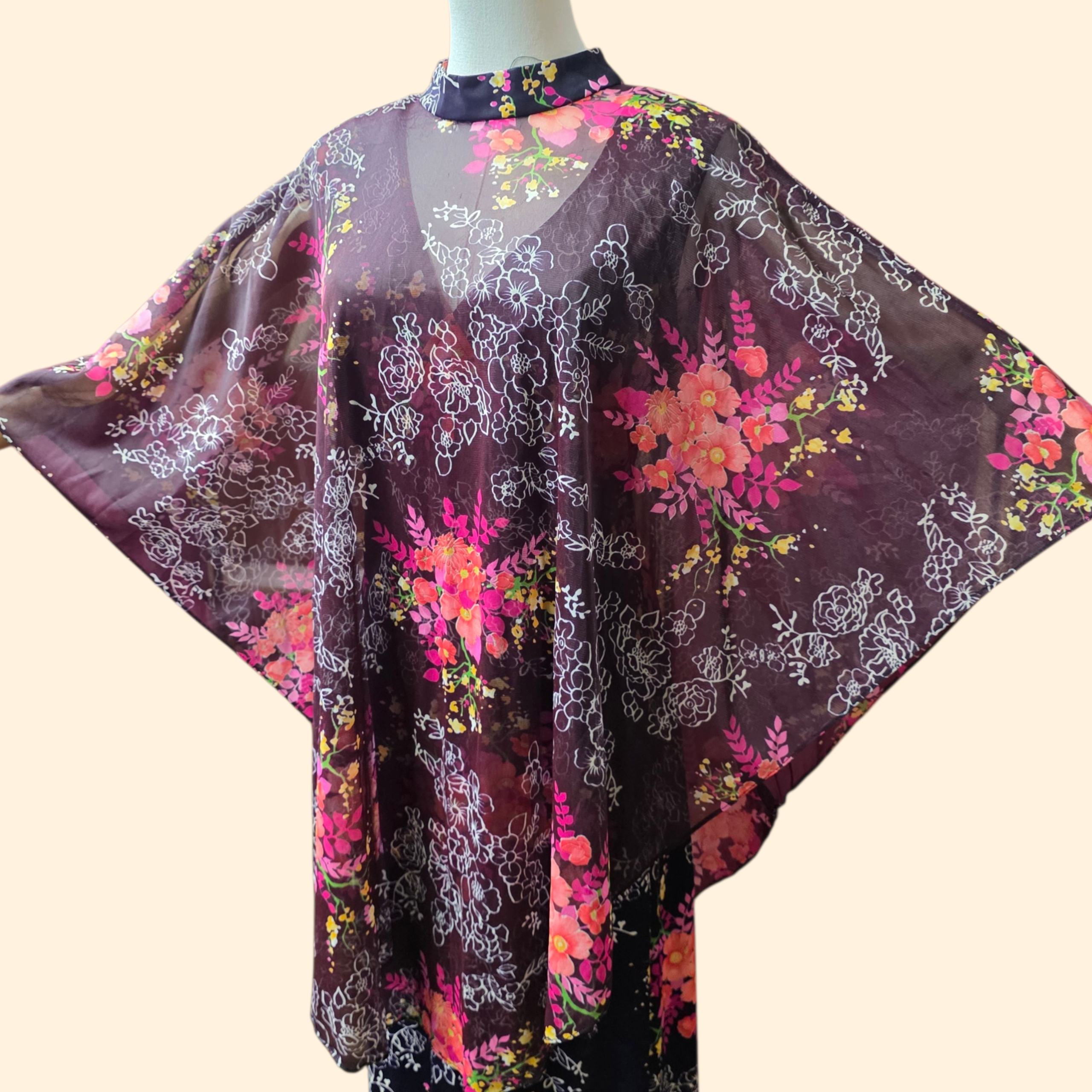 1970s Floral Sleeveless Maxi Dress and Sheer Cape ~ Large ~ Burgundy Dress Set Dayglo
