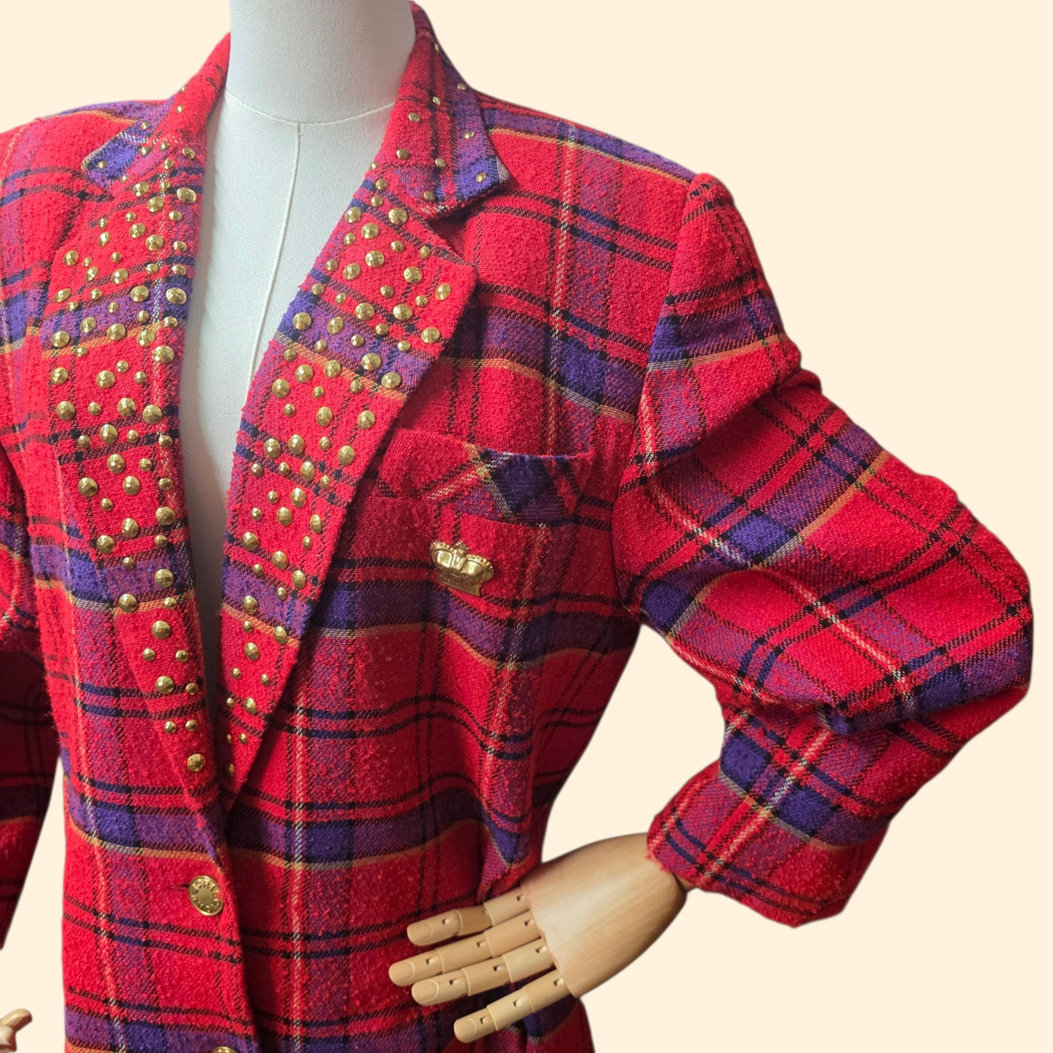 1990s Studded Fuschia and Purple Plaid Blazer ~ Large ~ Boxy Oversized