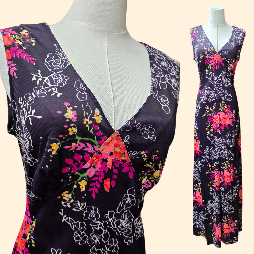 1970s Floral Sleeveless Maxi Dress and Sheer Cape ~ Large ~ Burgundy Dress Set Dayglo
