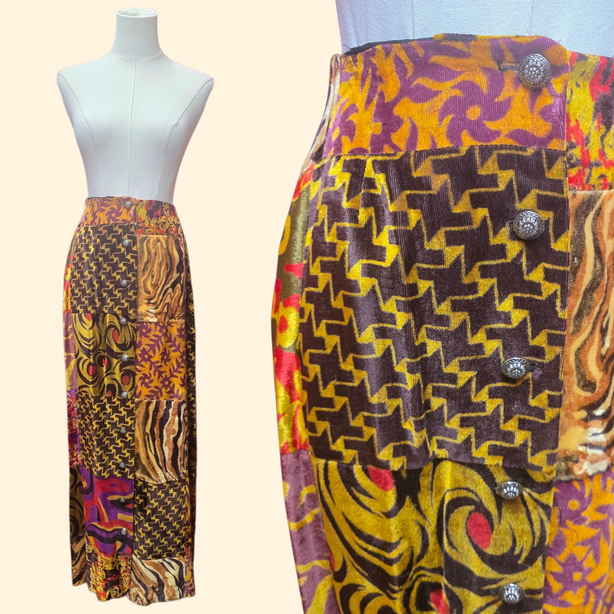 1970s Patchwork Velvet Button Down Boho Maxi Skirt ~ Small ~ Fall Colors