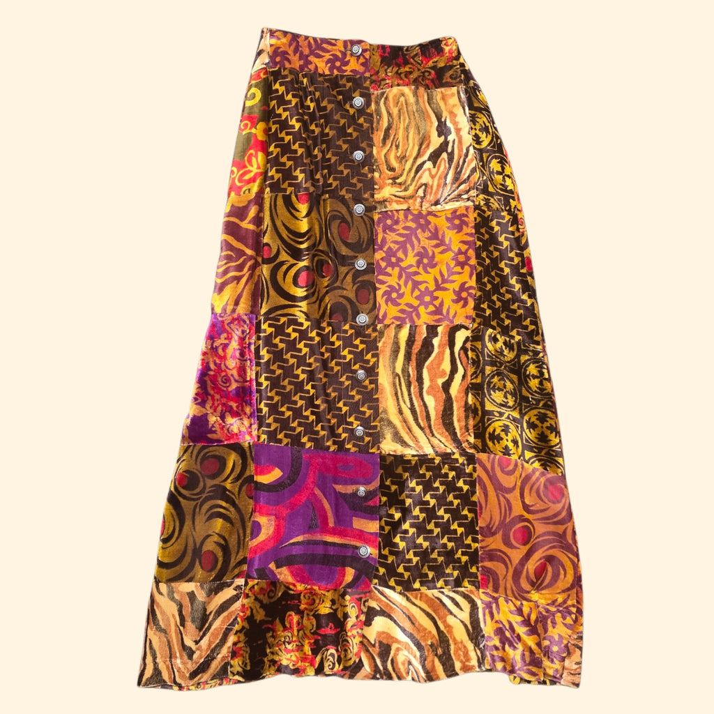 1970s Patchwork Velvet Button Down Boho Maxi Skirt ~ Small ~ Fall Colors
