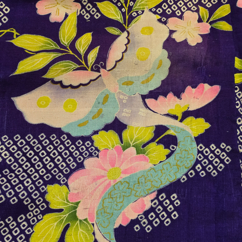 1940s Butterfly and Crane Silk Japanese Kimono ~One Size ~ Pre-War Red Lining