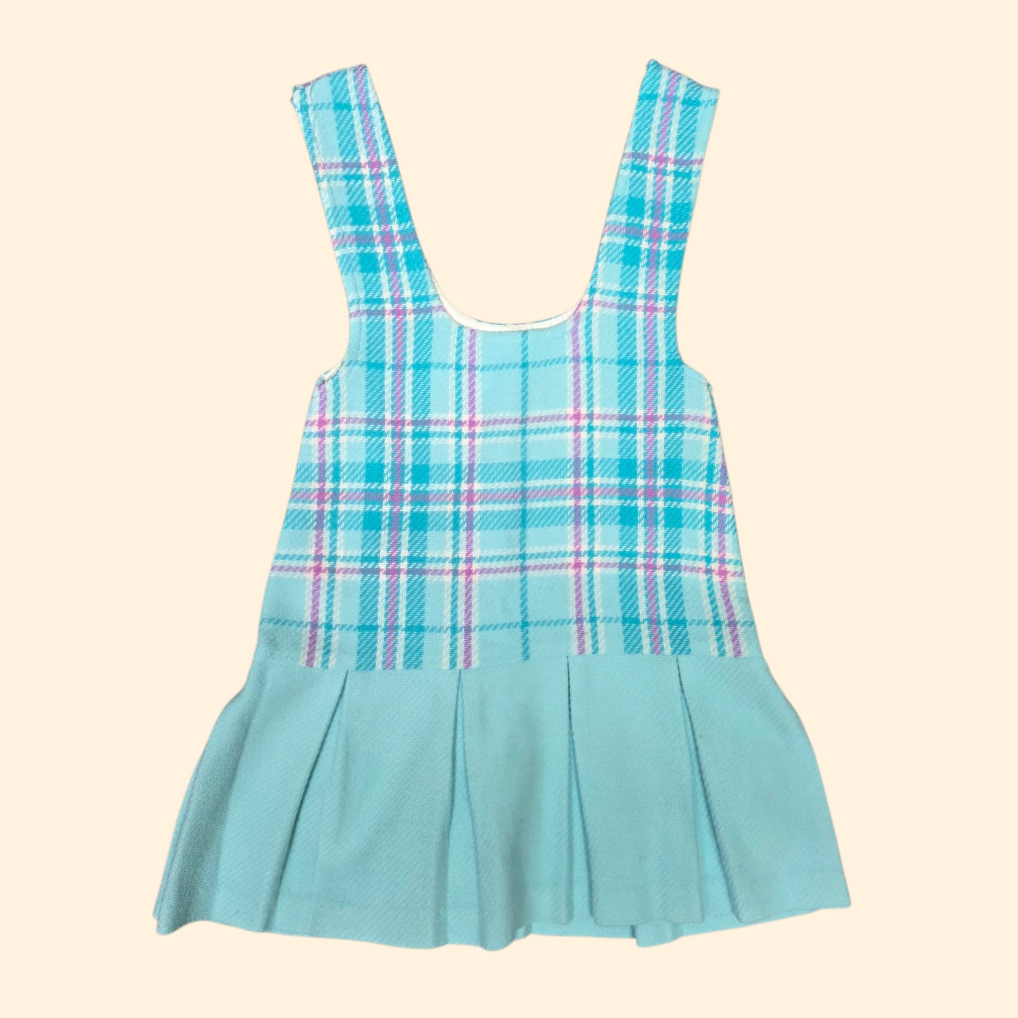 1970s Teal Plaid Pleated Jumper~ Girls 7/8