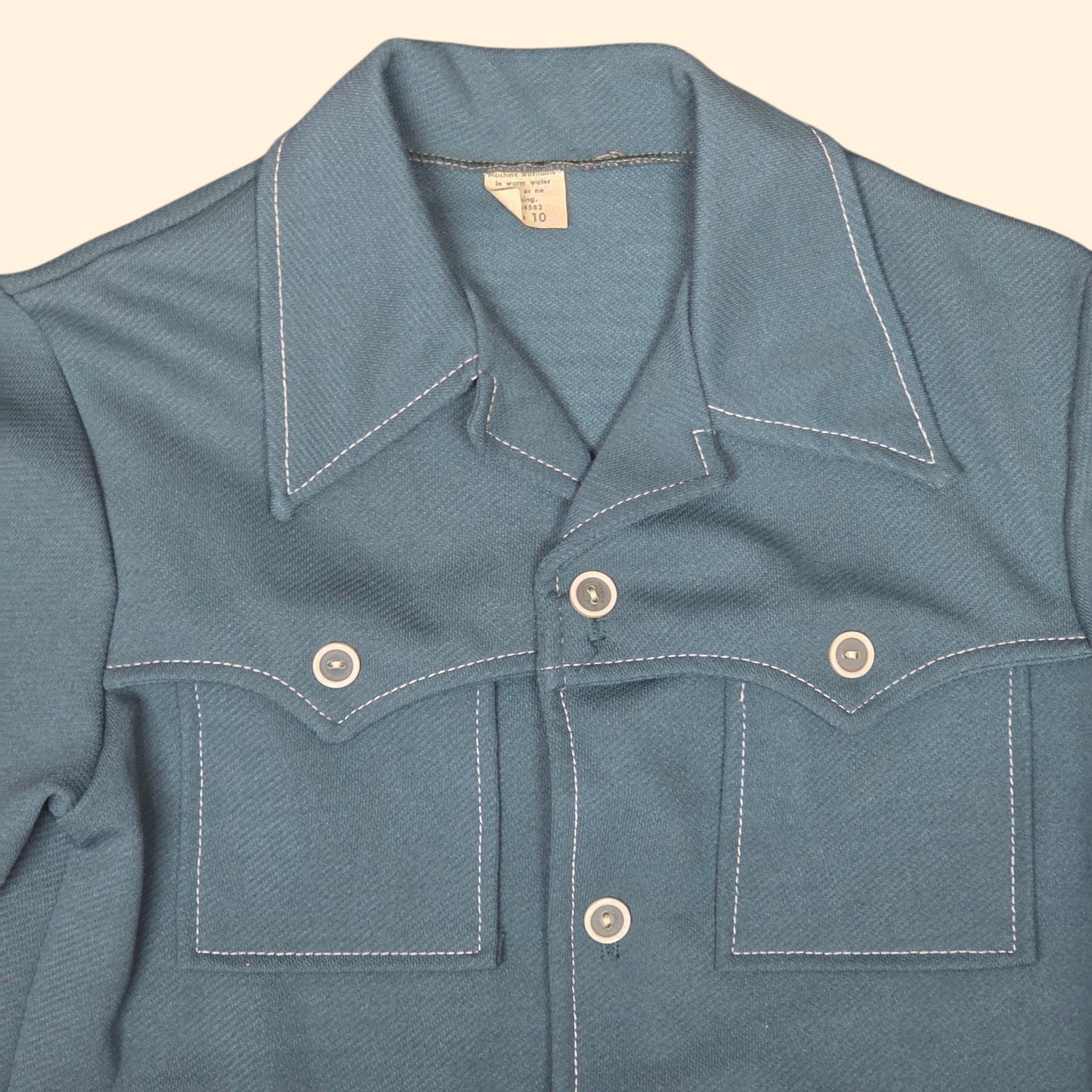 1970s Deadstock Dusty Teal Western Yoked Button Down Shirt ~ Boys 10