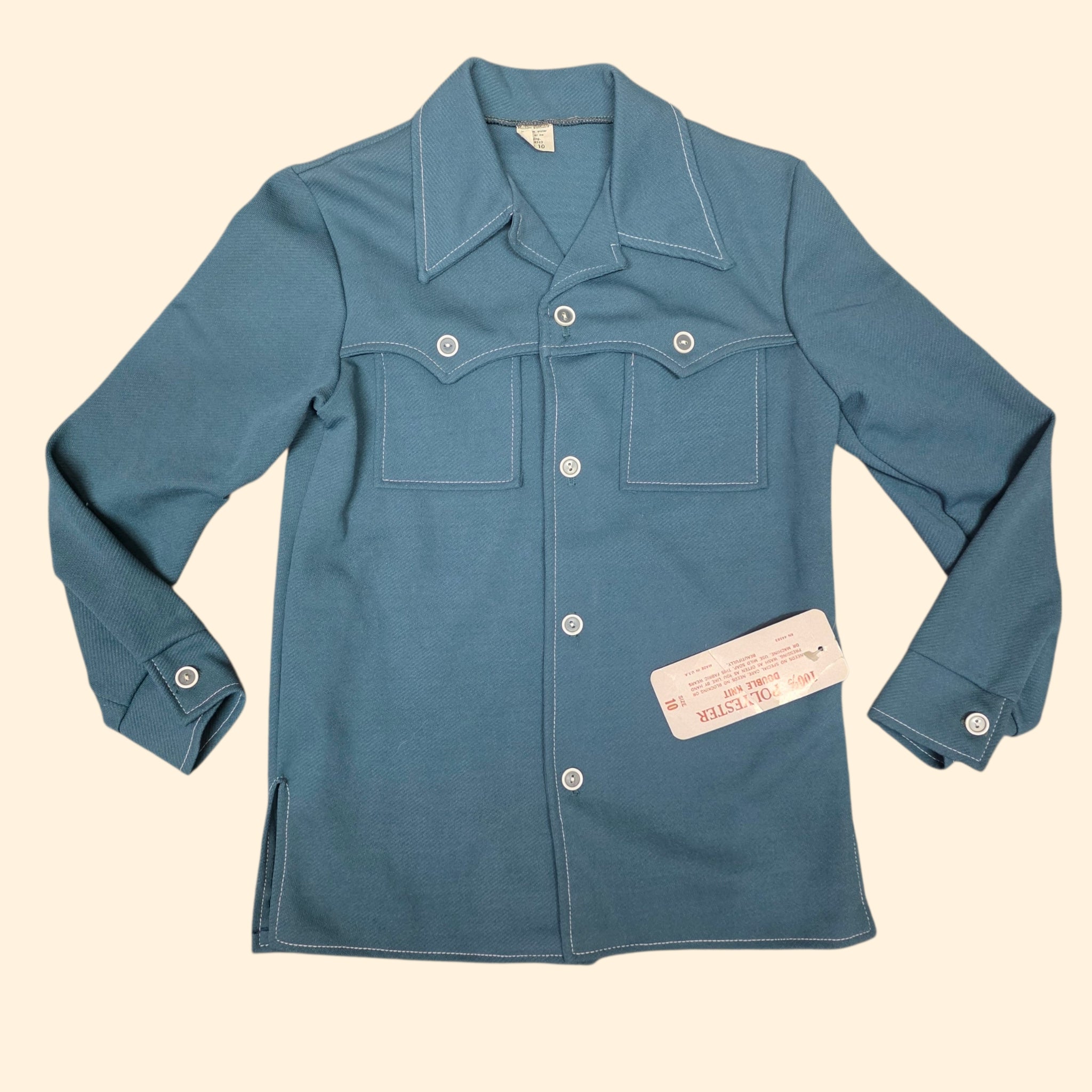 1970s Deadstock Dusty Teal Western Yoked Button Down Shirt ~ Boys 10