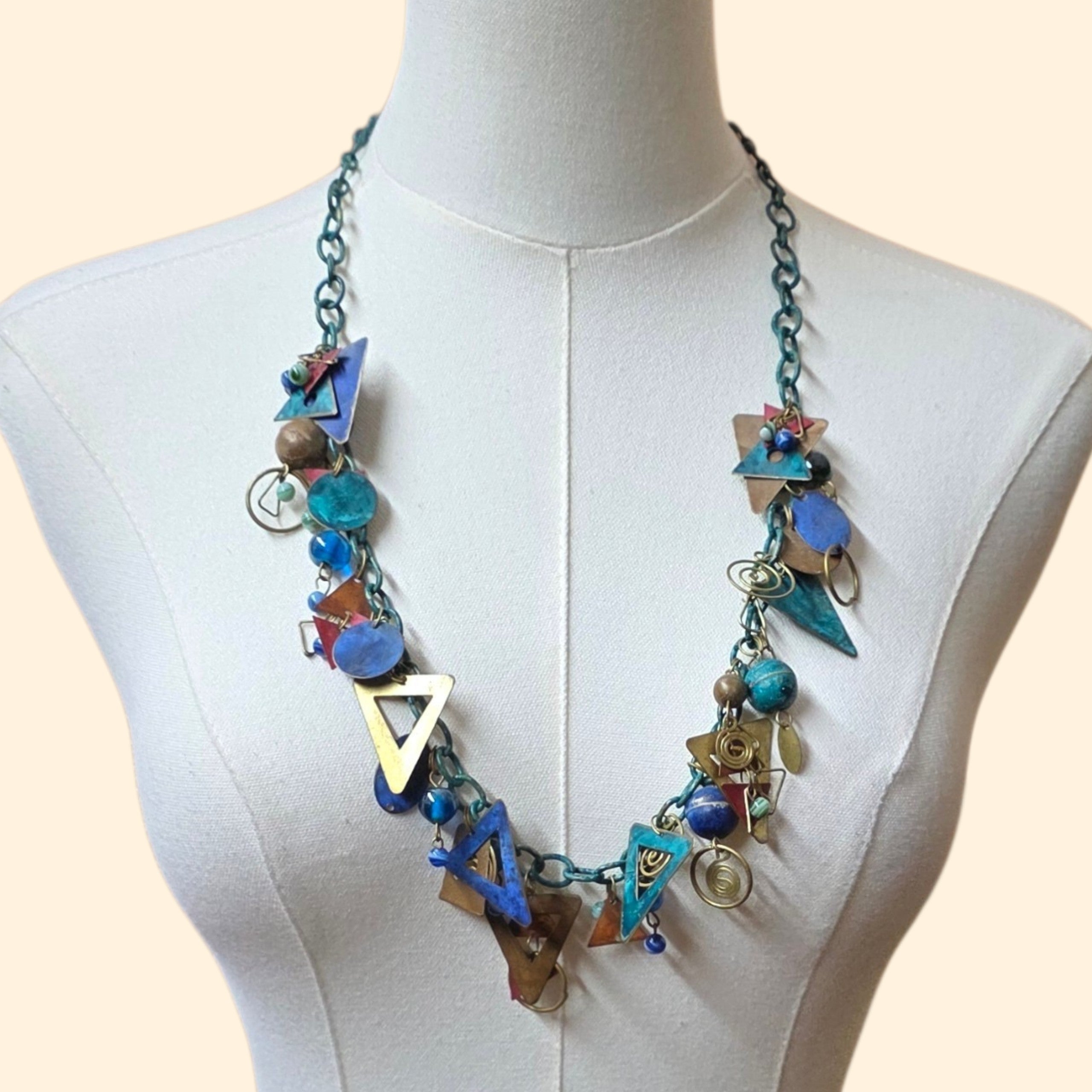 1990s Artisan Mixed Metal Abstract Boho Statement Charm Necklace