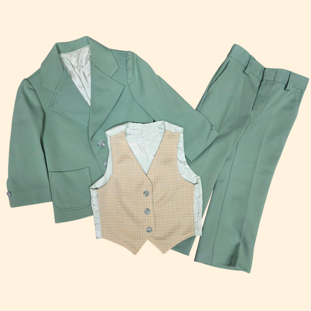 1970s Polyester 3 Piece Leisure Suit ~ Boys 4 Slim ~ Sage Green Plaid