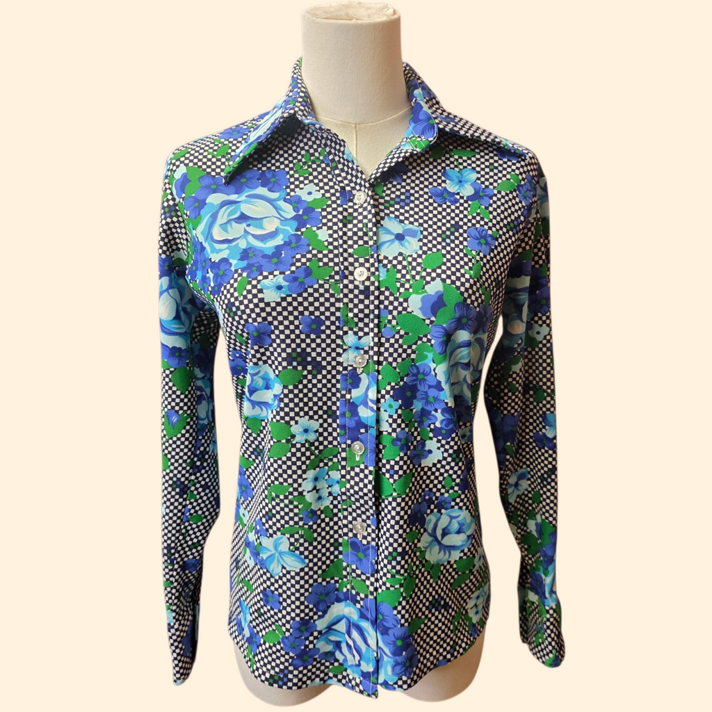 1970s Rose and Checker Print Dagger Collar Shirt ~ Medium ~ Blue Navy Green