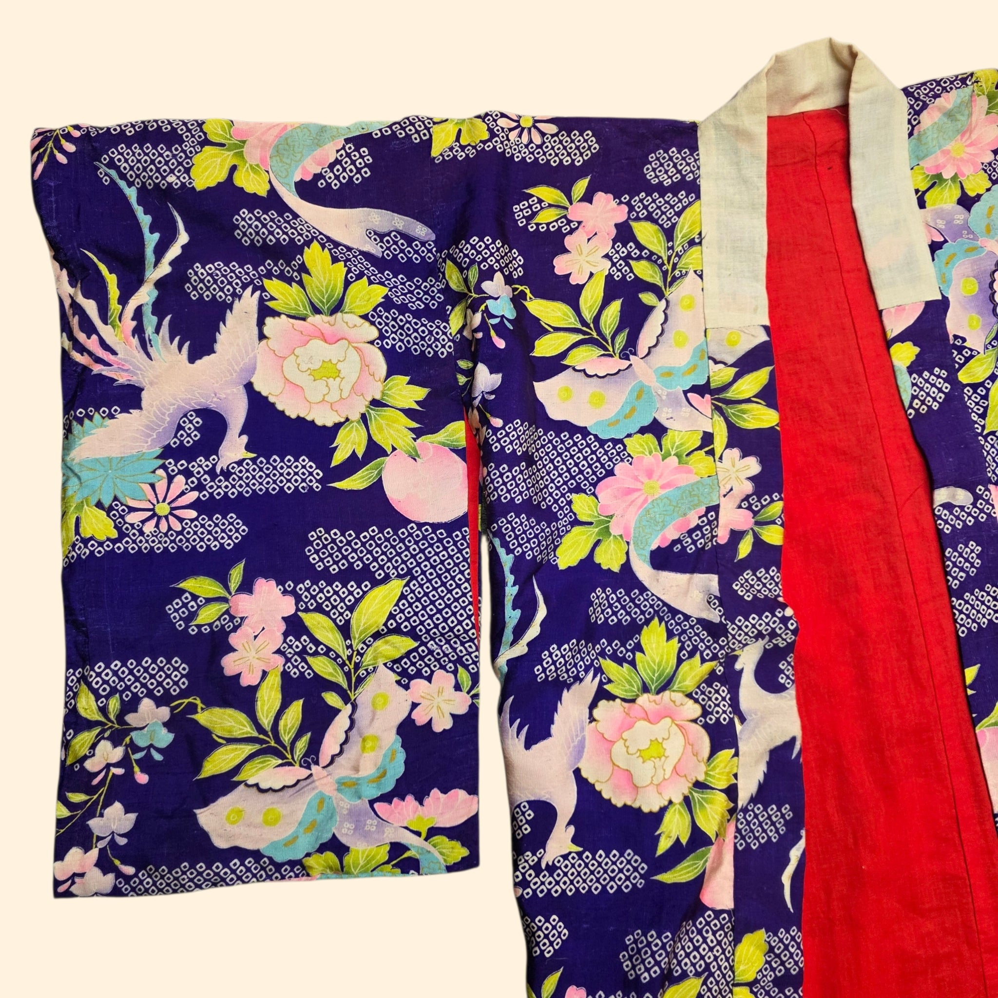 1940s Butterfly and Crane Silk Japanese Kimono ~One Size ~ Pre-War Red Lining
