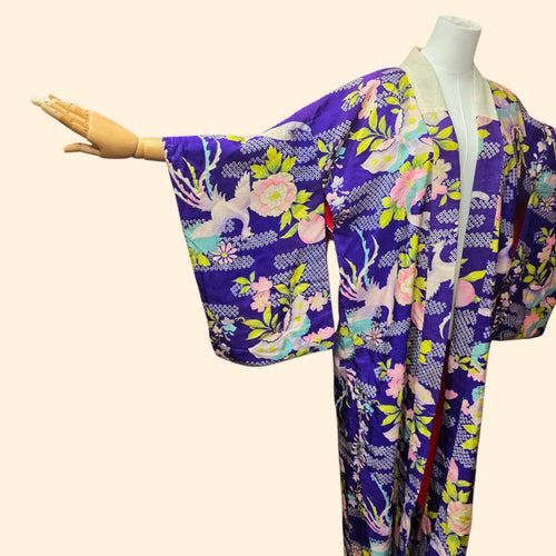 1940s Butterfly and Crane Silk Japanese Kimono ~One Size ~ Pre-War Red Lining