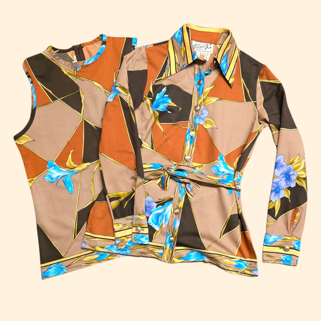 1970s Floral Dagger Collar Set by Francis X ~ Medium ~ Brown Blue Geometric