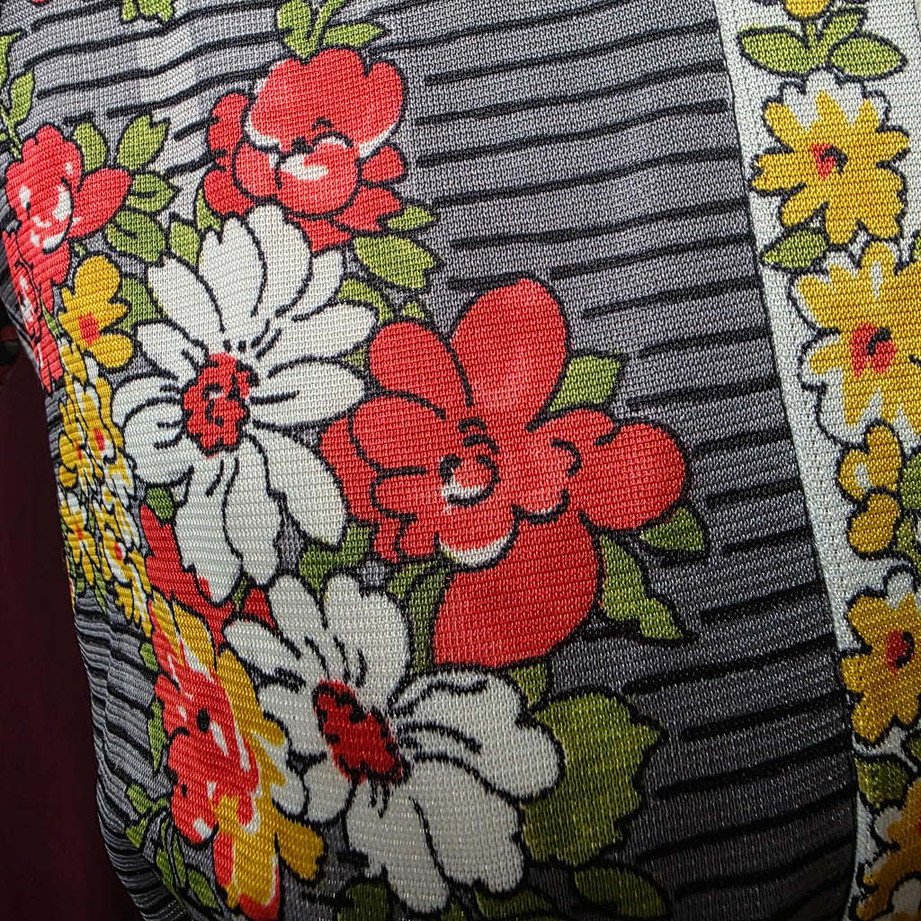 1970s Striped Floral Print Pants Set w/ Tie Front Crop Top ~ Extra Small ~ Ruffled Bell Sleeves, Flare Pants