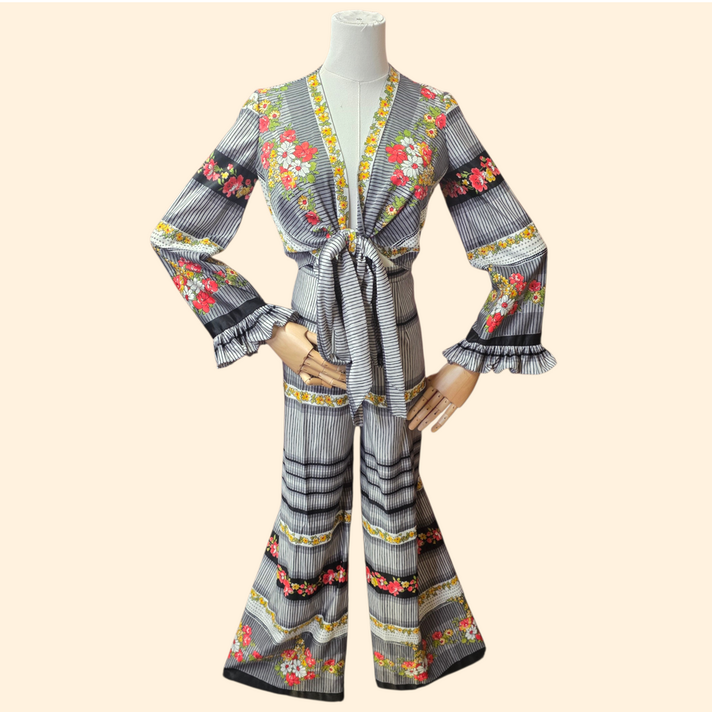 1970s Striped Floral Print Pants Set w/ Tie Front Crop Top ~ Extra Small ~ Ruffled Bell Sleeves, Flare Pants