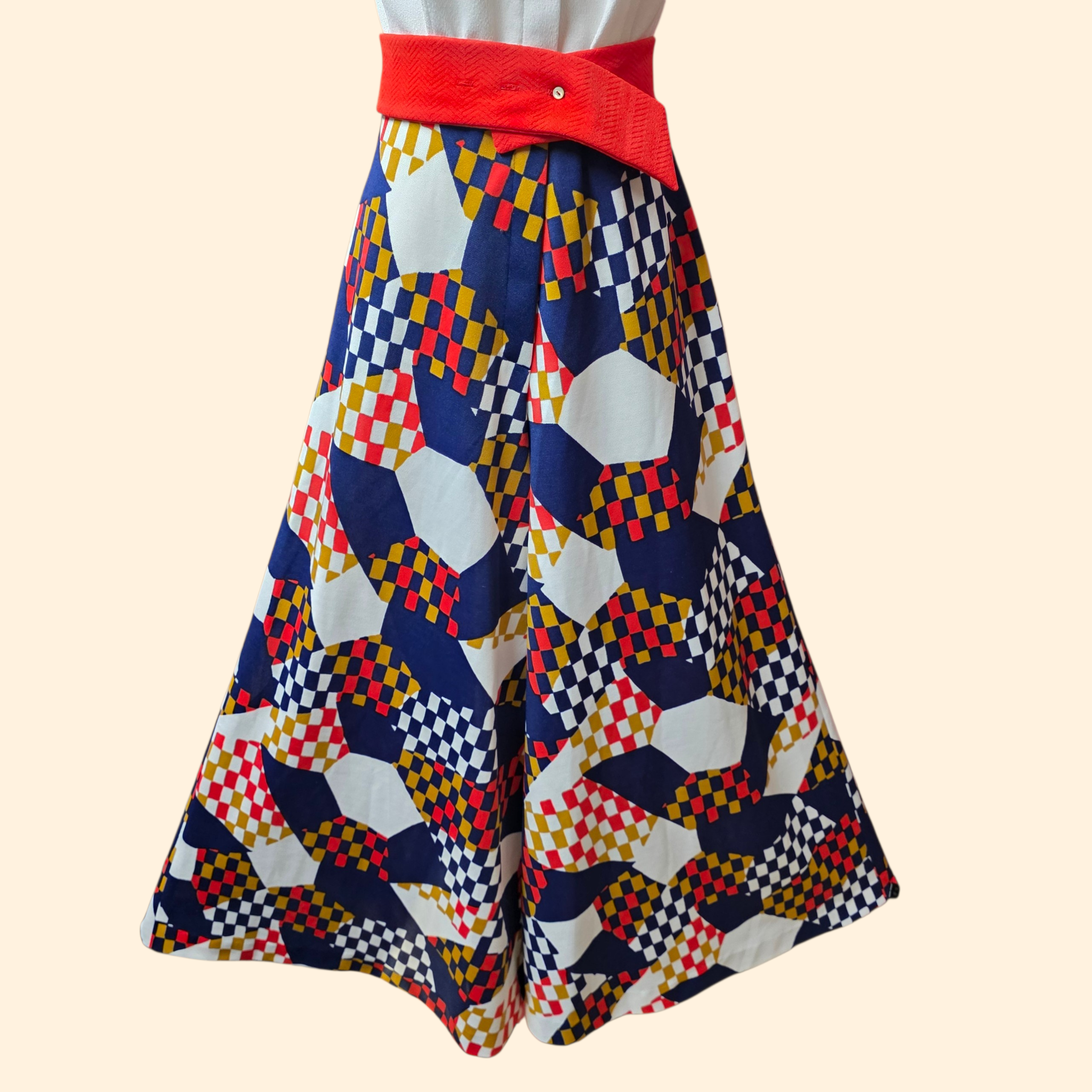 1960s Sleeveless Ultra Wide Leg Palazzo Jumpsuit ~ Small ~ Geometric Red White Blue