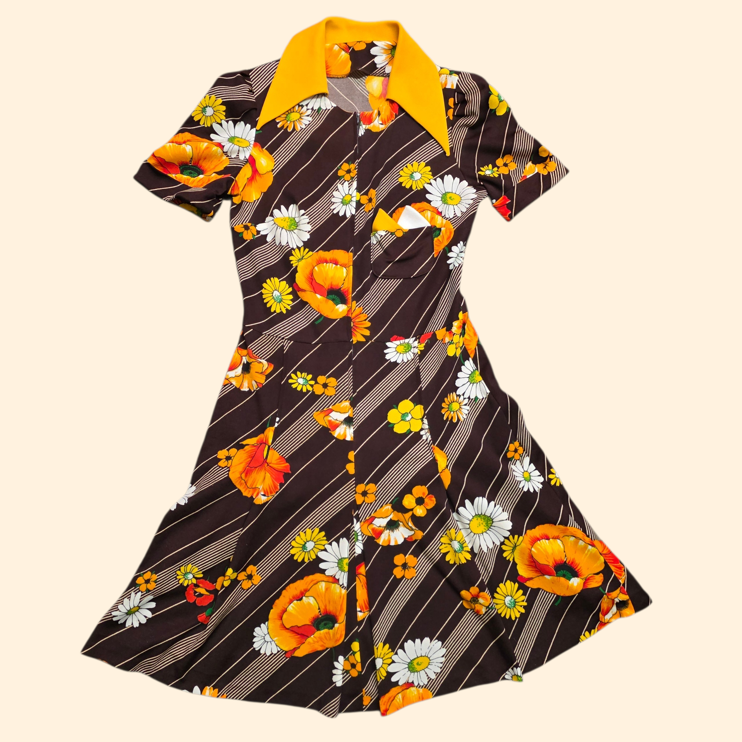 1970s Flower Power Dagger Collar Mini Dress ~ Medium ~ Brown Yellow Orange Floral Daisy Poppy