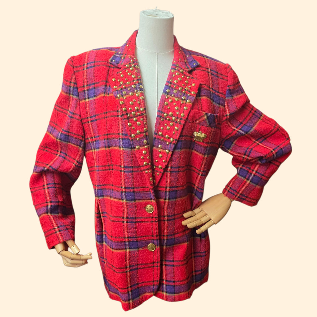1990s Studded Fuschia and Purple Plaid Blazer ~ Large ~ Boxy Oversized