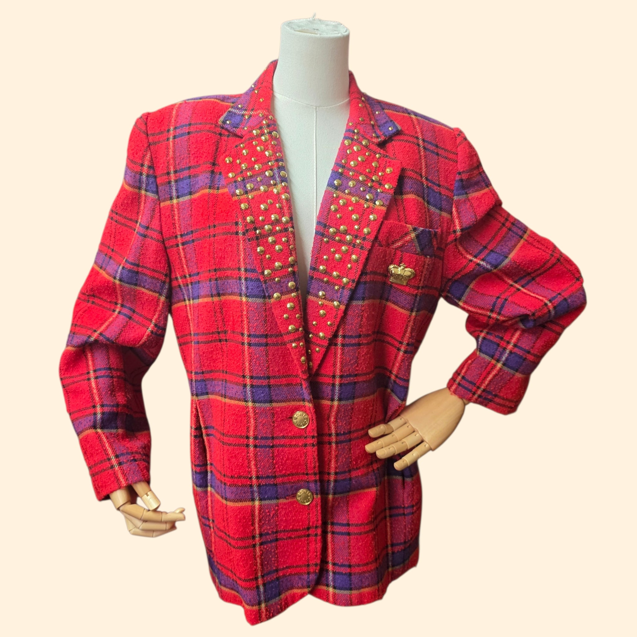 1990s Studded Fuschia and Purple Plaid Blazer ~ Large ~ Boxy Oversized