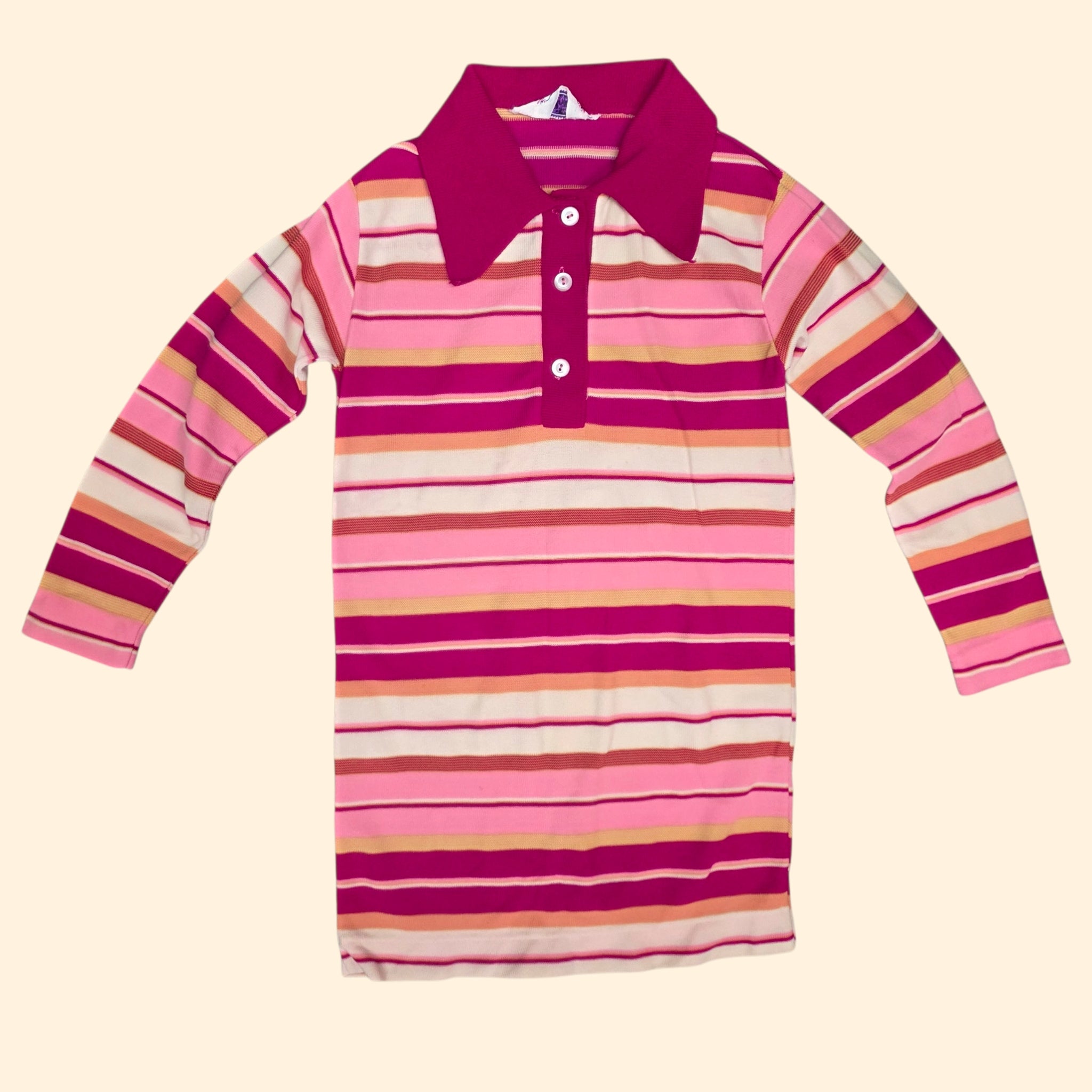 1970s Pink Striped Long Sleeve Nylon Polo Shirt ~ Youth 7