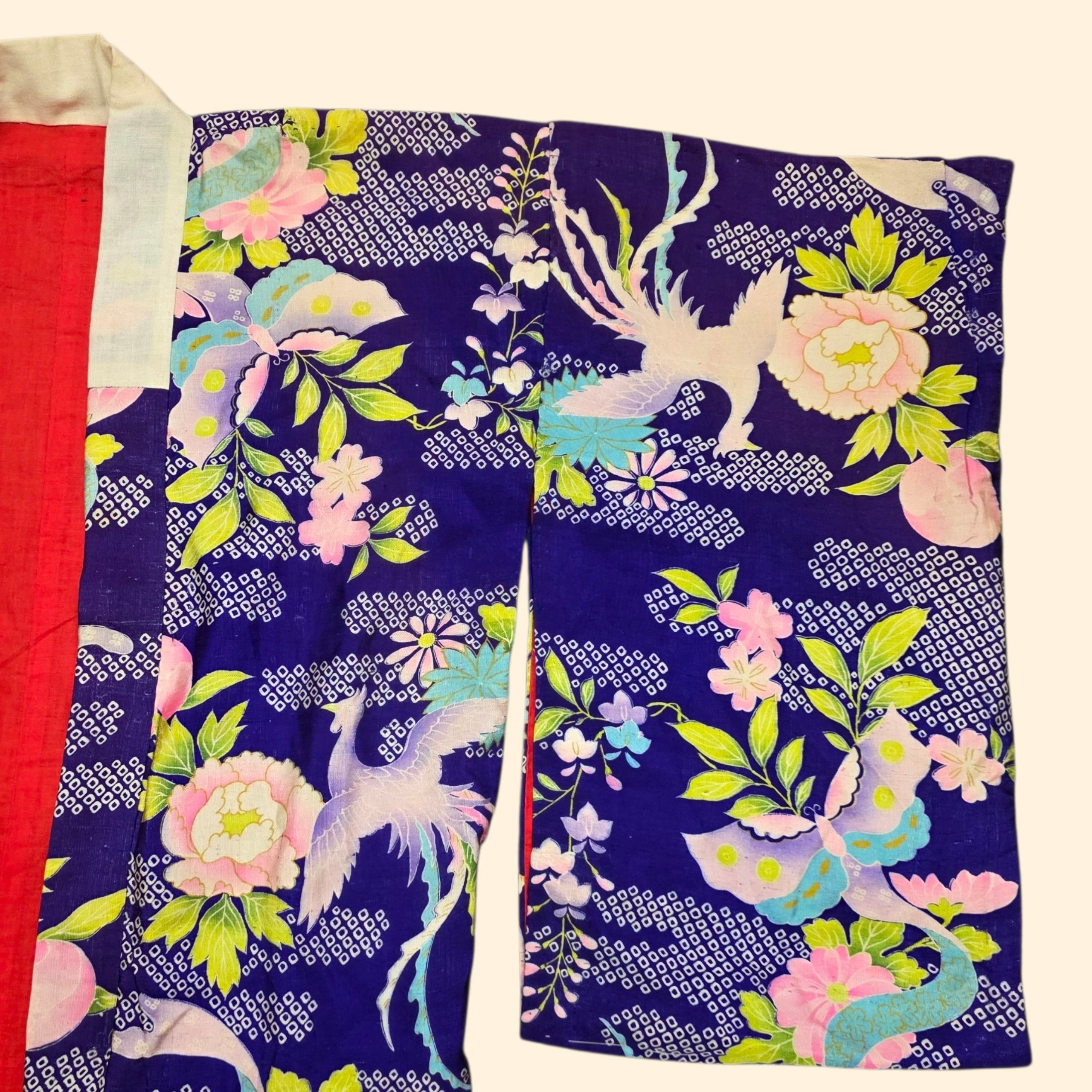 1940s Butterfly and Crane Silk Japanese Kimono ~One Size ~ Pre-War Red Lining