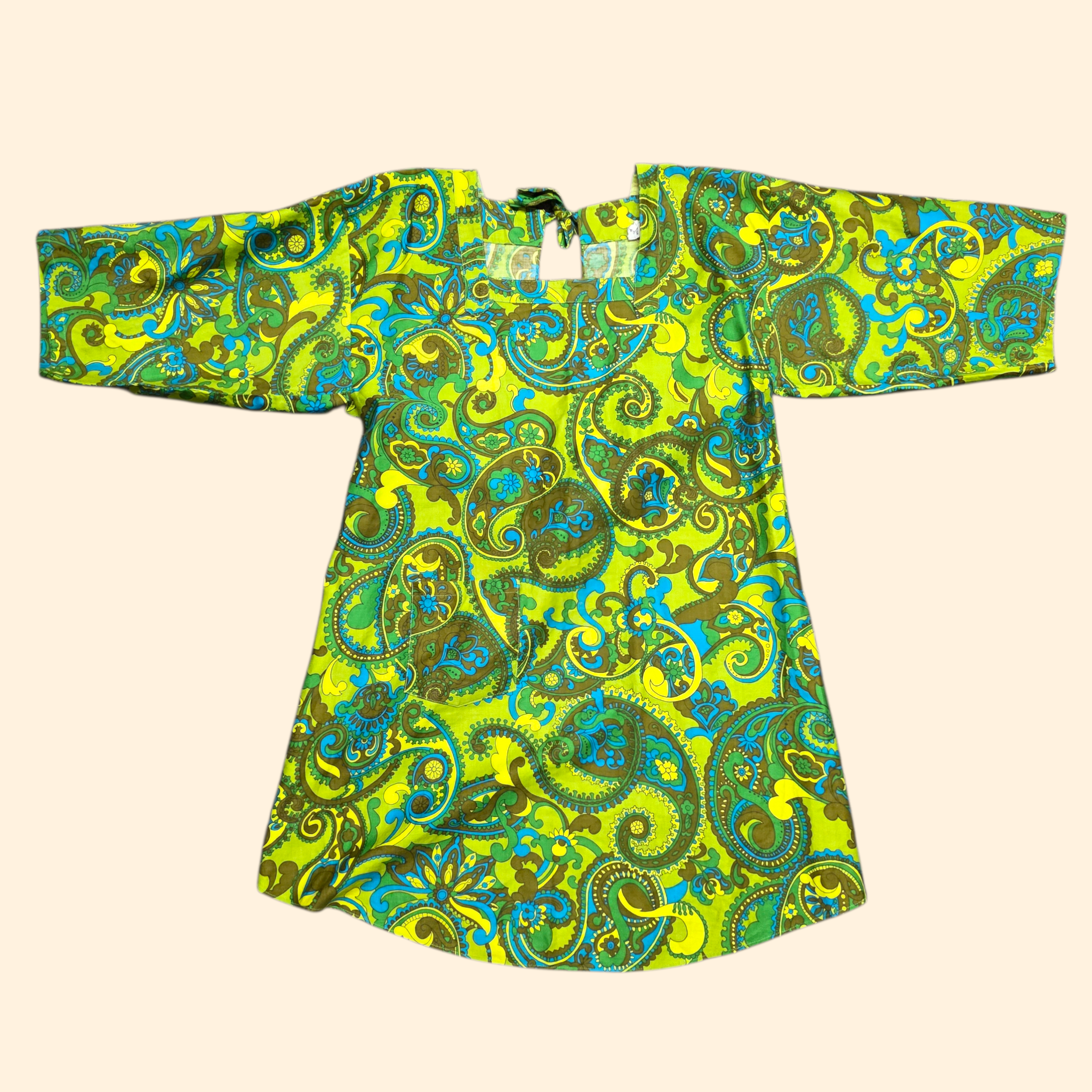1960s Design House Psychedelic Paisley Print Smock Tunic ~ One Size Fits Most ~ Chartreuse Teal Cotton