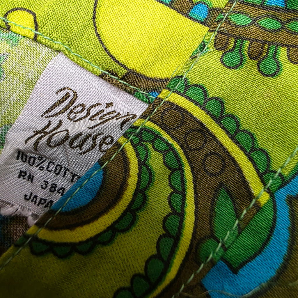 1960s Design House Psychedelic Paisley Print Smock Tunic ~ One Size Fits Most ~ Chartreuse Teal Cotton