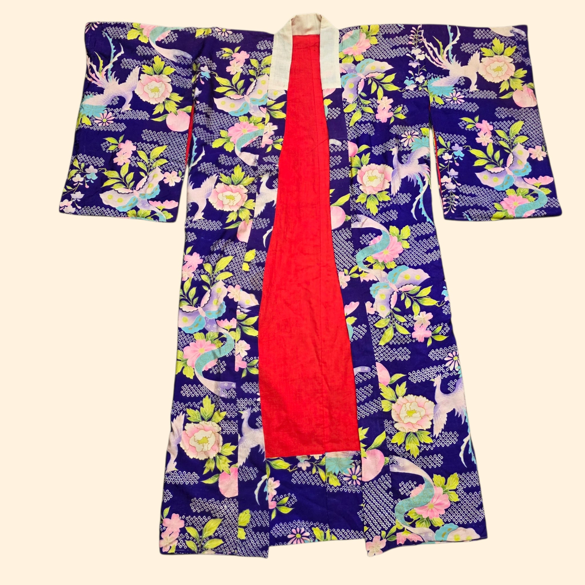 1940s Butterfly and Crane Silk Japanese Kimono ~One Size ~ Pre-War Red Lining