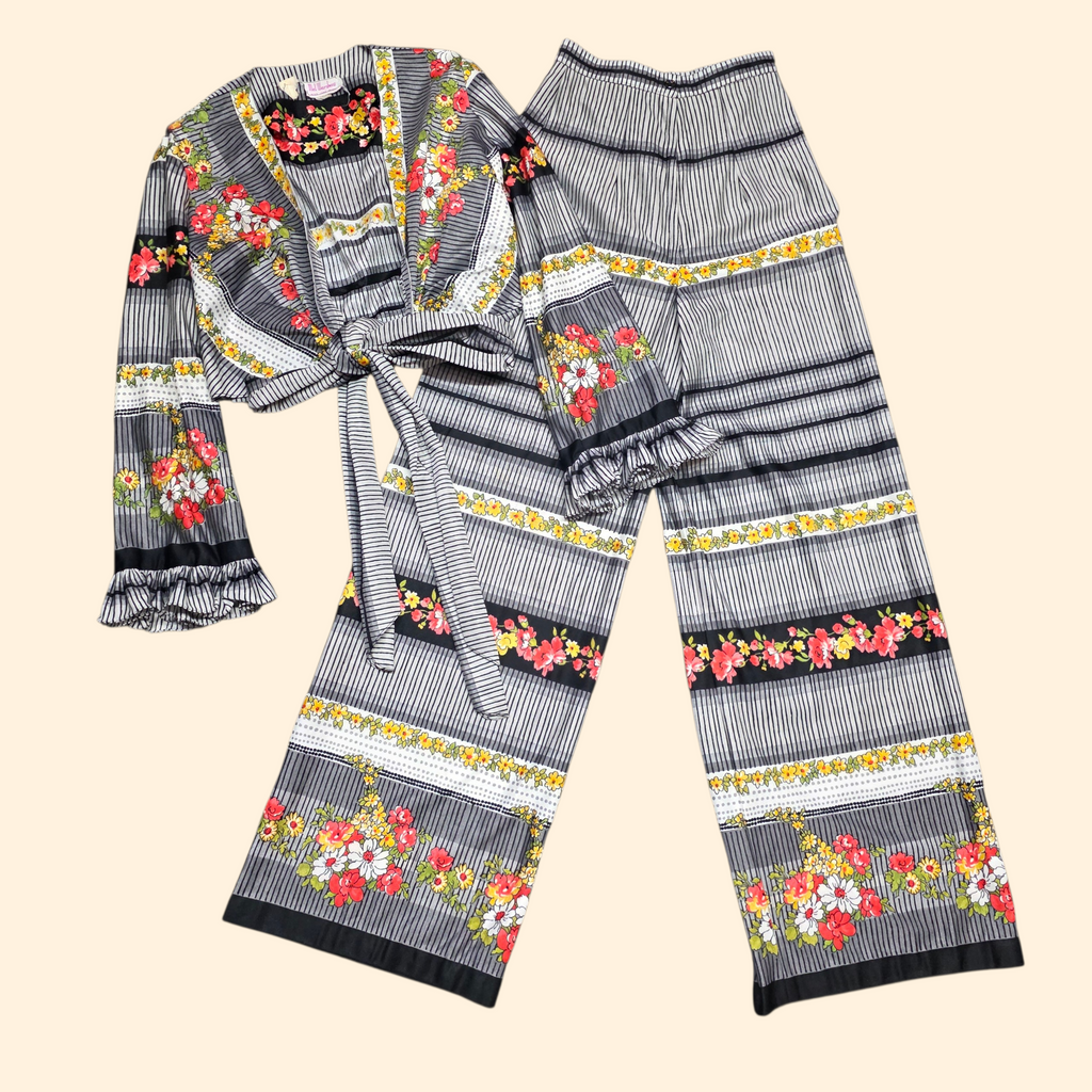 1970s Striped Floral Print Pants Set w/ Tie Front Crop Top ~ Extra Small ~ Ruffled Bell Sleeves, Flare Pants