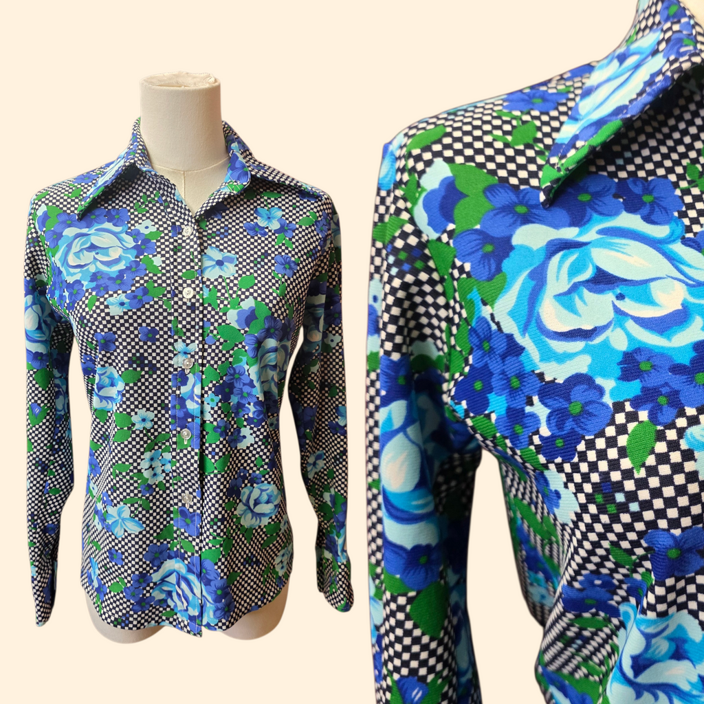 1970s Rose and Checker Print Dagger Collar Shirt ~ Medium ~ Blue Navy Green