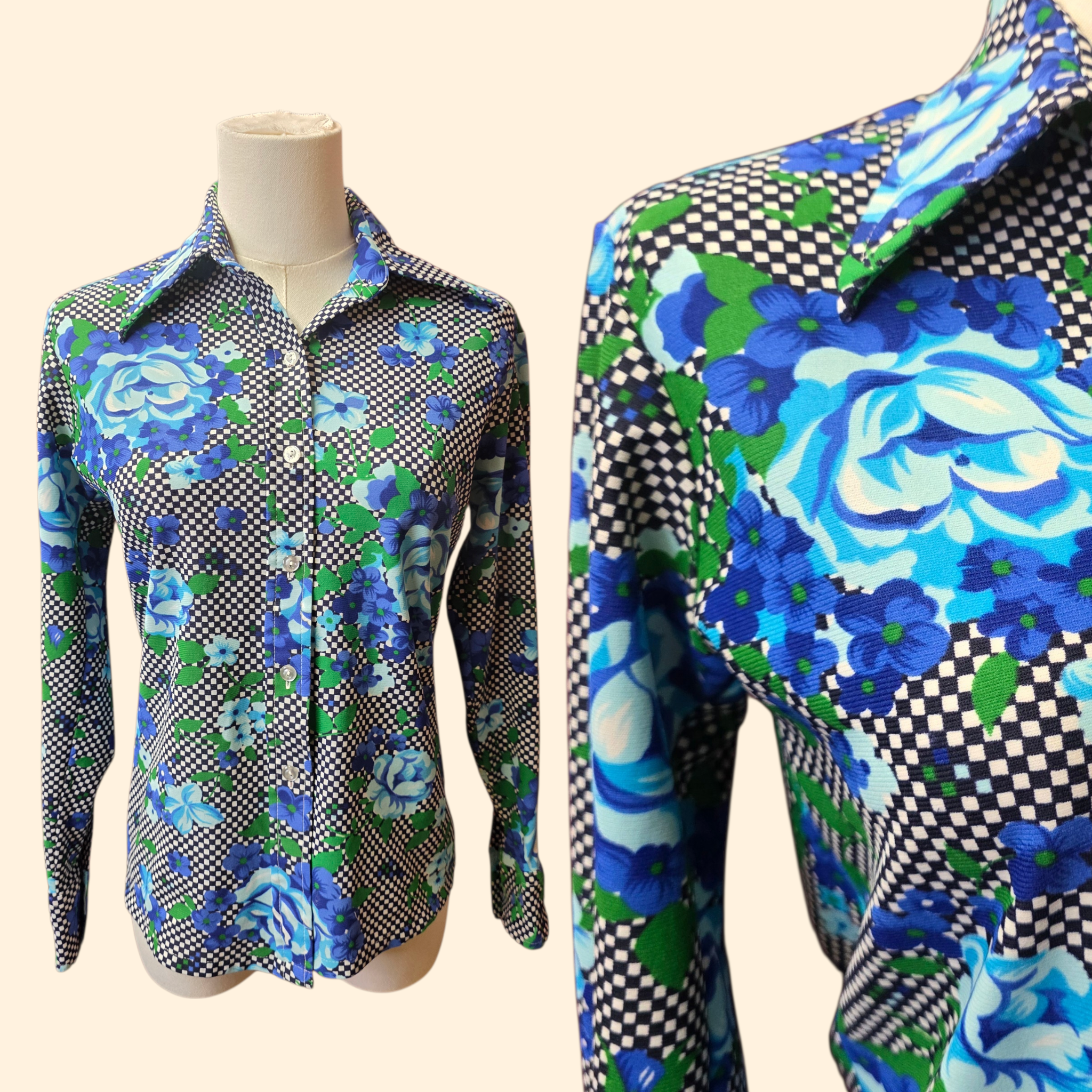 1970s Rose and Checker Print Dagger Collar Shirt ~ Medium ~ Blue Navy Green