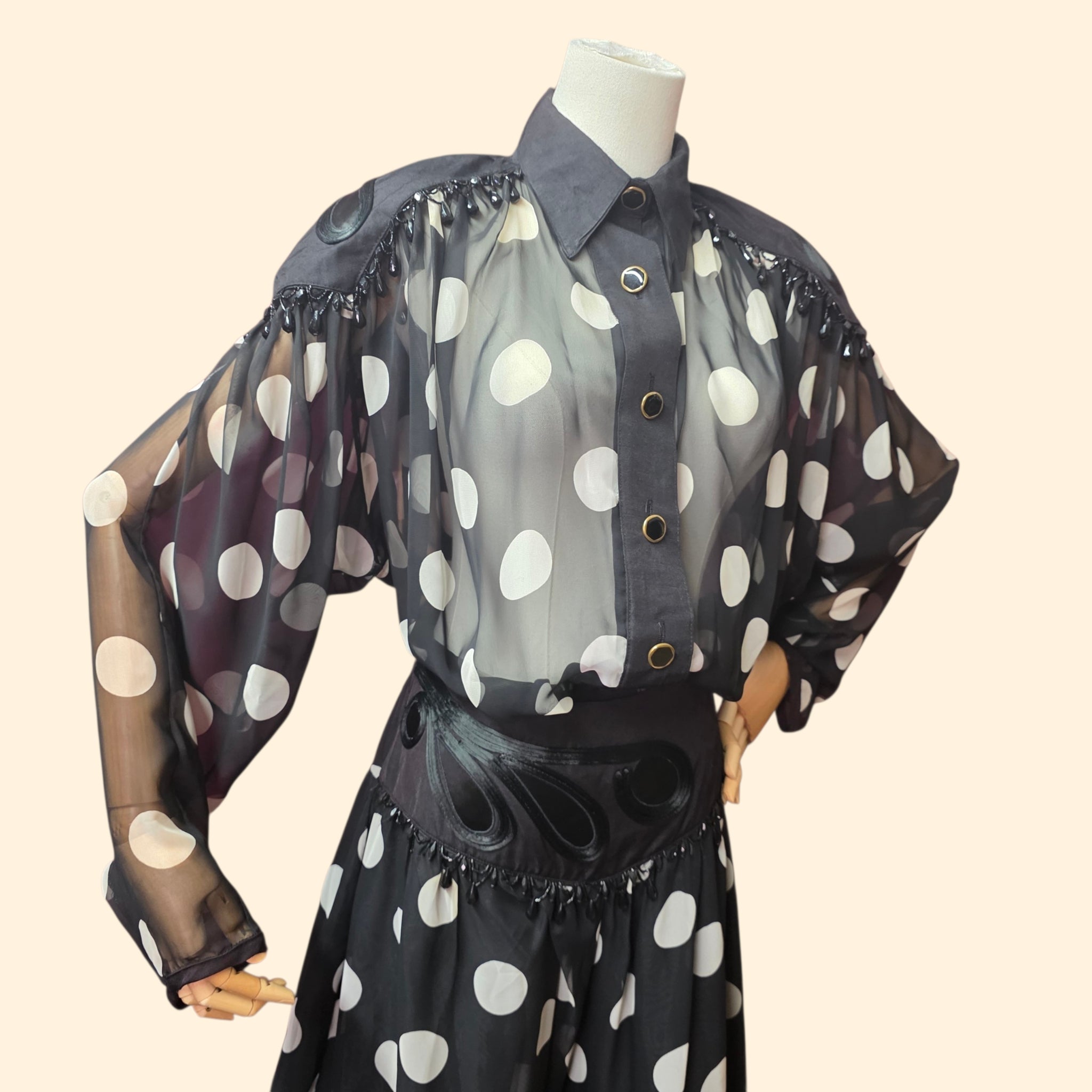 1990s Black and White Beaded Sheer Polka Dot Palazzo Set ~ Medium