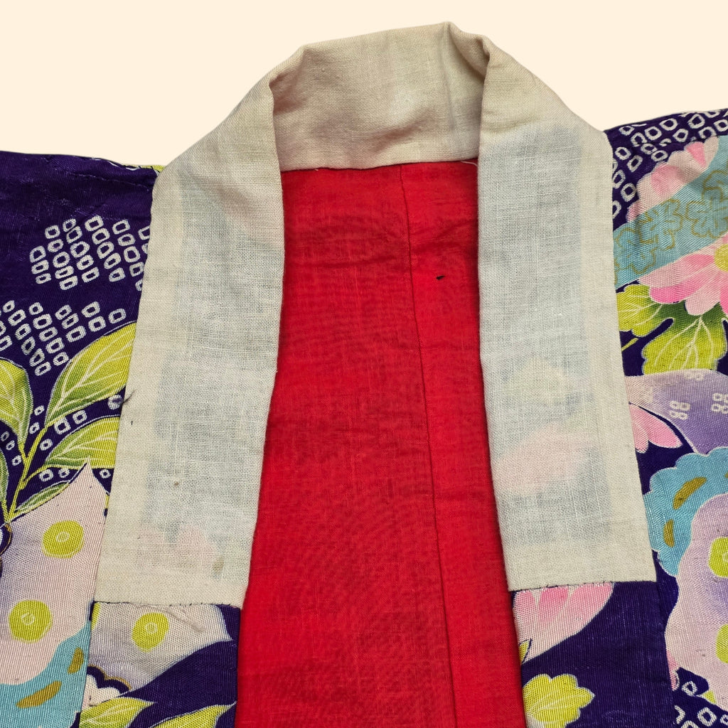 1940s Butterfly and Crane Silk Japanese Kimono ~One Size ~ Pre-War Red Lining