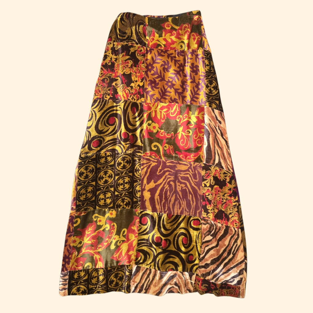 1970s Patchwork Velvet Button Down Boho Maxi Skirt ~ Small ~ Fall Colors