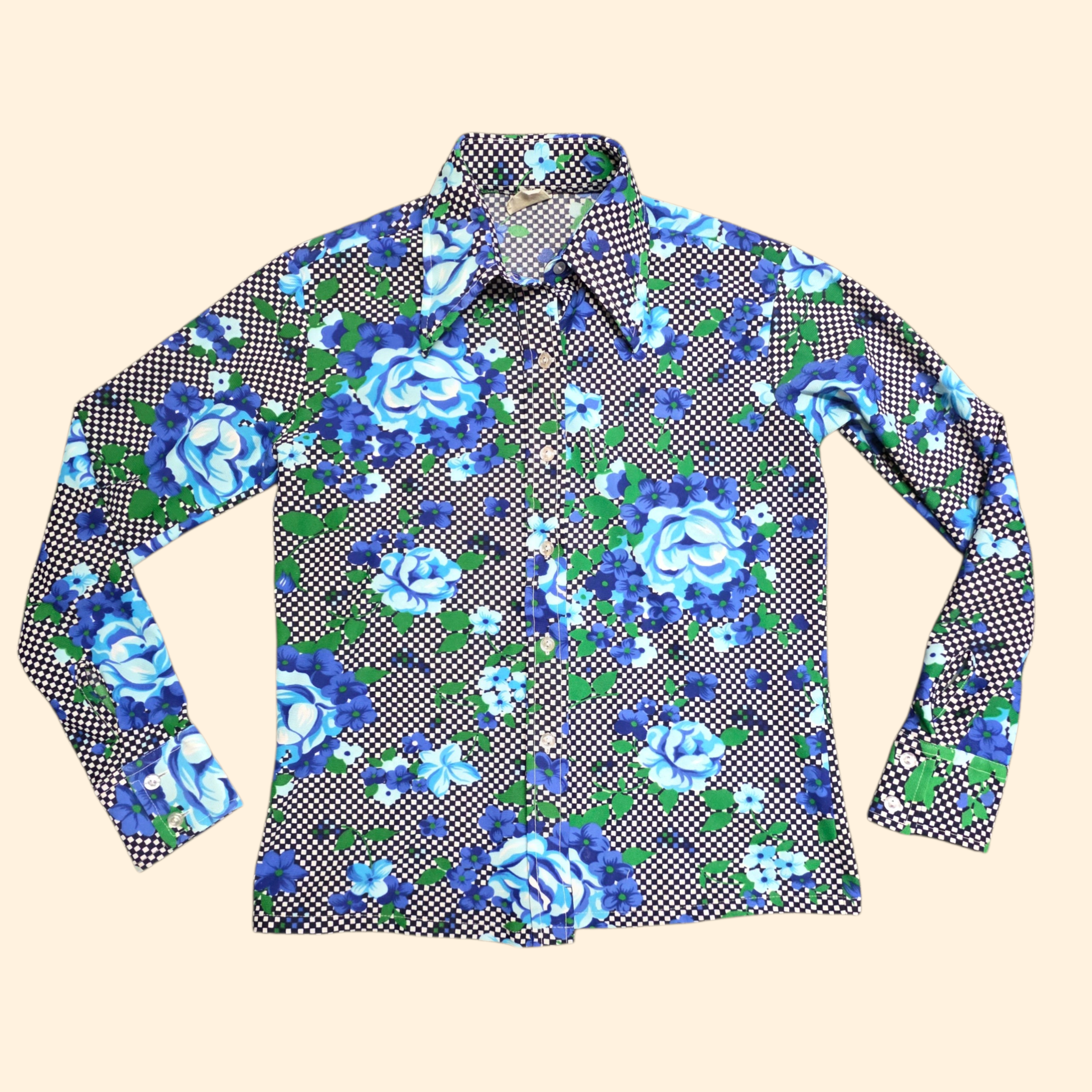 1970s Rose and Checker Print Dagger Collar Shirt ~ Medium ~ Blue Navy Green