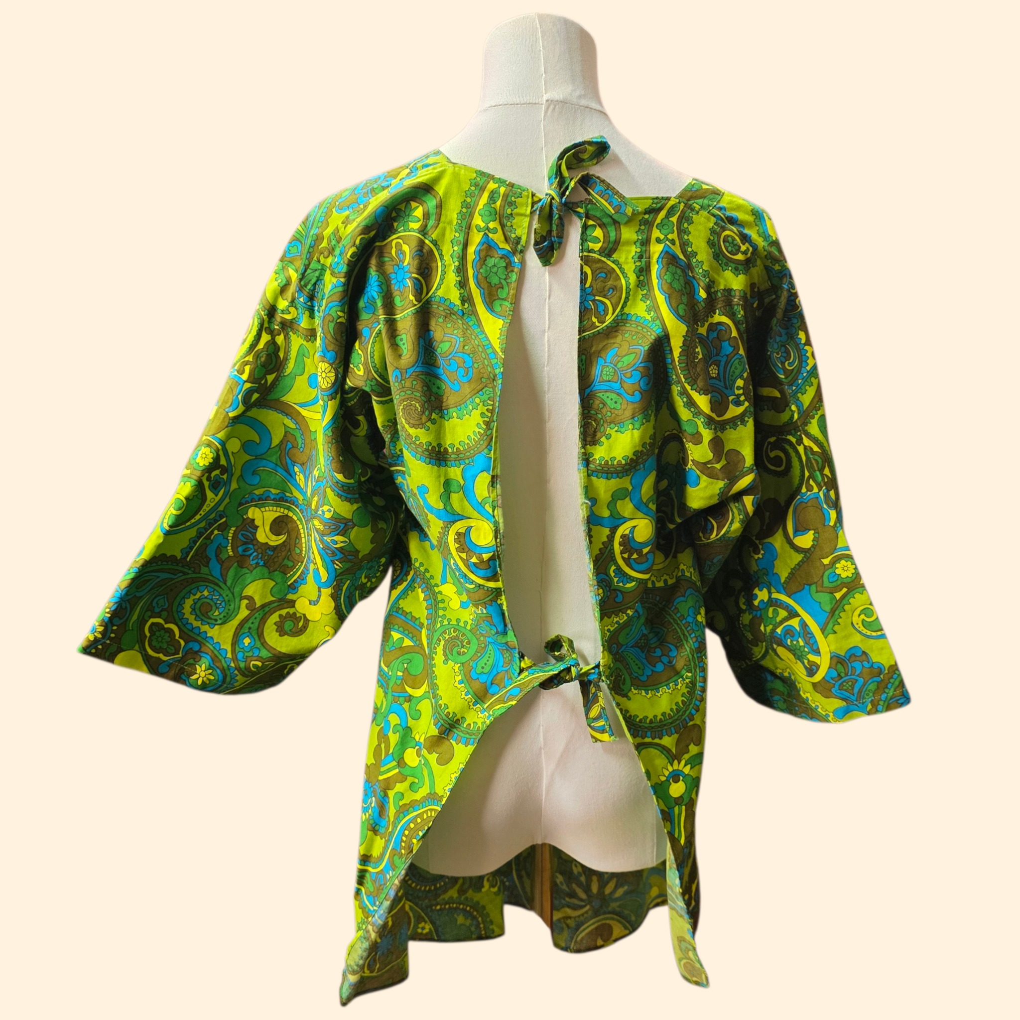 1960s Design House Psychedelic Paisley Print Smock Tunic ~ One Size Fits Most ~ Chartreuse Teal Cotton