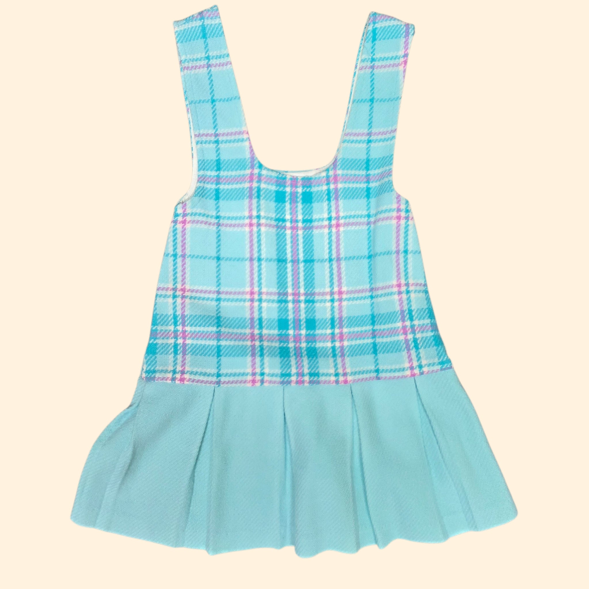 1970s Teal Plaid Pleated Jumper~ Girls 7/8