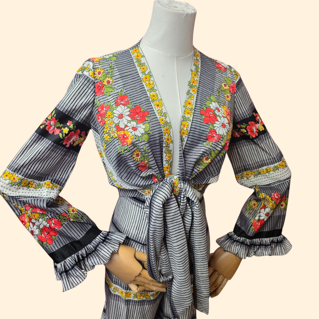 1970s Striped Floral Print Pants Set w/ Tie Front Crop Top ~ Extra Small ~ Ruffled Bell Sleeves, Flare Pants